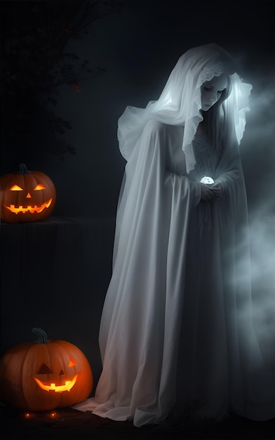 vrouw in witte jurk en halloween-pompoen in het donker 01