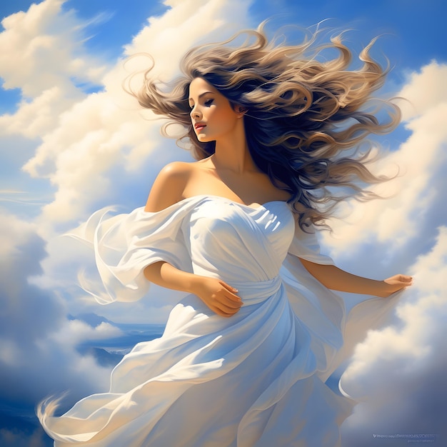 Foto vrouw in witte jurk fluistert van de wind
