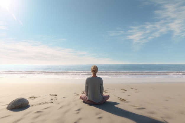 Vrouw in witte kleren zittend in lotushouding in de buurt van de zee Yoga op het zand Generatieve AI