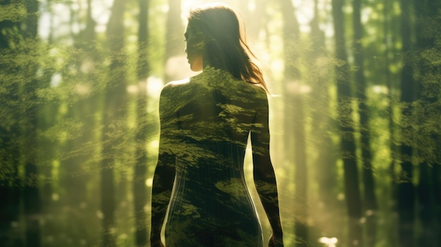 Vrouw in Yoga Full Body Backlit Pose in het Forrest Generative AI-beeldweber