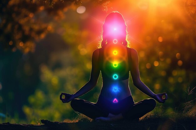 Foto vrouw in yoga-houding met gloeiende chakra's die buiten meditatie beoefent