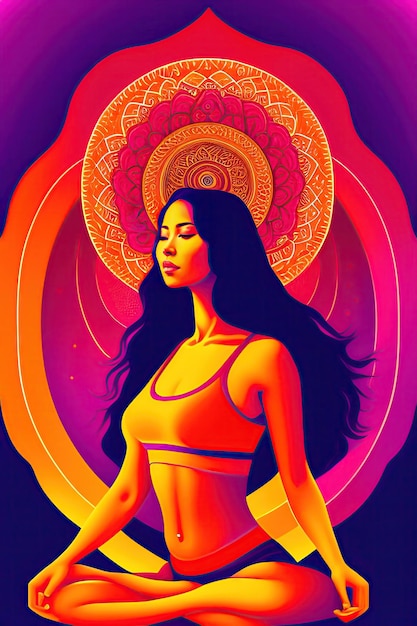 Vrouw in yoga pose meditatie abstracte illustratie rood en paars Mandala symbool rust