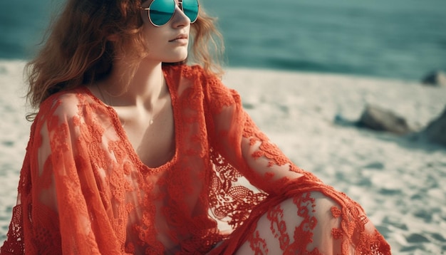 Vrouw in zonnebril op het strand