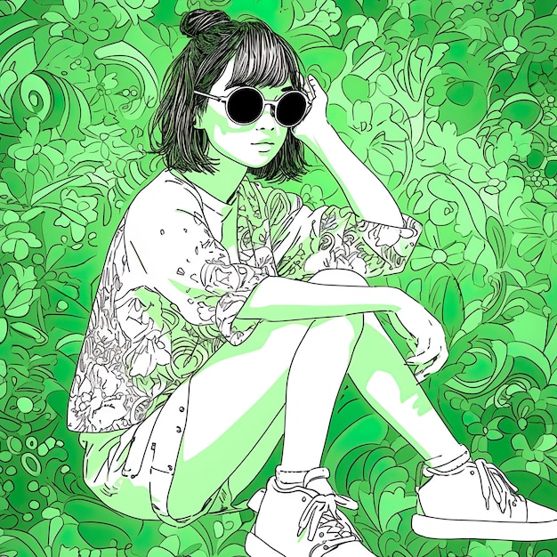 vrouw in zonnebril zittend op een groene achtergrond in de stijl van lijn en punt