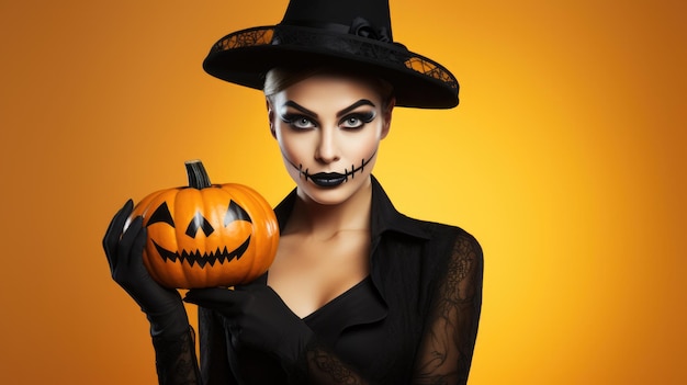 Vrouw in zwart kostuum gekleed als heks met pompoen voor de viering van Halloween