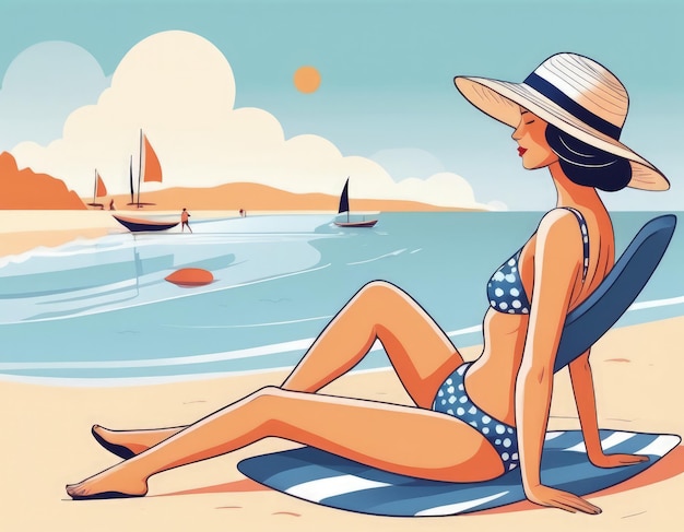 Vrouw in zwembroek en hoed op het strand Vector illustratie ai generatieve