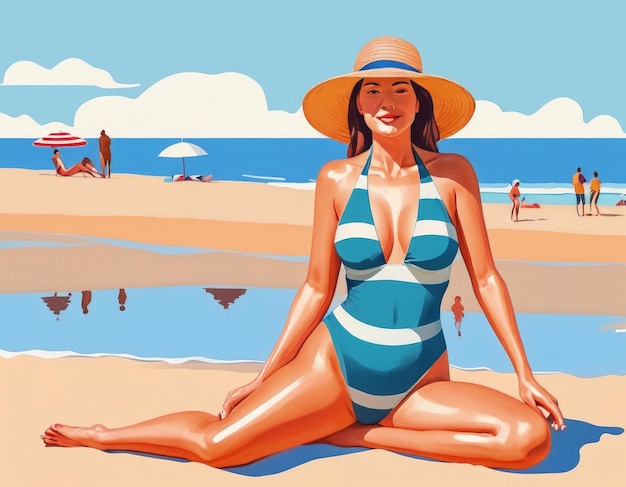 Vrouw in zwembroek en hoed op het strand Vector illustratie ai generatieve