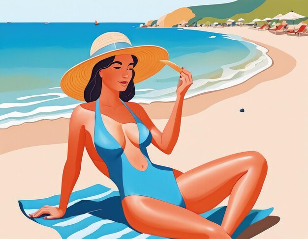 Vrouw in zwembroek en hoed op het strand Vector illustratie ai generatieve