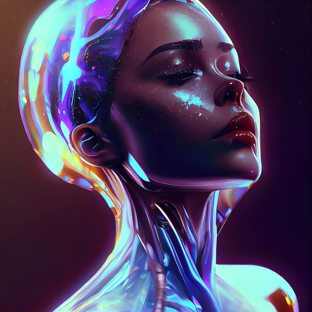 Vrouw ingekapseld in opaalachtig glas druipend van lichtgevende lichaamsverf
