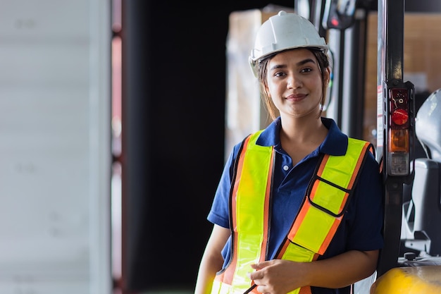 Vrouw ingenieur werknemer Aziatische Latijnse dame personeel in veiligheidspak werk in groot fabrieksmagazijn