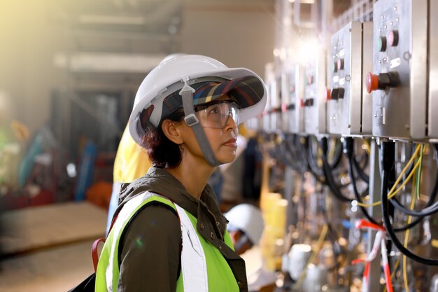 Vrouw Ingenieurs elektrische bediening met veiligheidshelm en veiligheidsbril voor industrieterrein of elektriciteitscentrale