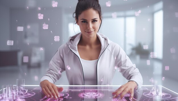 Vrouw interactie met futuristische holografische interface in een moderne kamer
