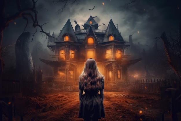 Vrouw is bang voor halloween-huis Genereer Ai