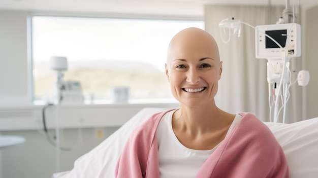 Foto vrouw kankerpatiënt met een kleine glimlach liggend in een ziekenhuisbed