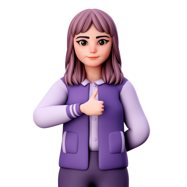 Vrouw karakter met paarse kleren duimen opdagen met linkerhand 3D Render illustratie