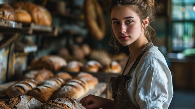 Vrouw kiest brood bij een tentoonstelling