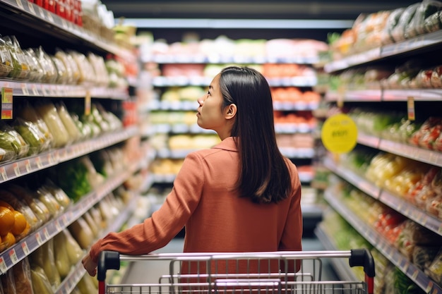 Vrouw kijken naar prijzen tijdens de inflatie tijdens het winkelen in de supermarkt