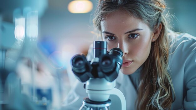 Foto vrouw kijkt door een microscoop ze draagt een witte labjas en heeft lang haar onderzoeksmedewerker