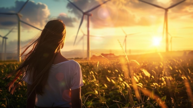Vrouw kijkt naar de zonsondergang in het veld van een windpark Achtergrondbeeld van een jonge vrouw die een boeiende zonsondergang bewondert tussen de torenhoge windturbines in een rustig veld