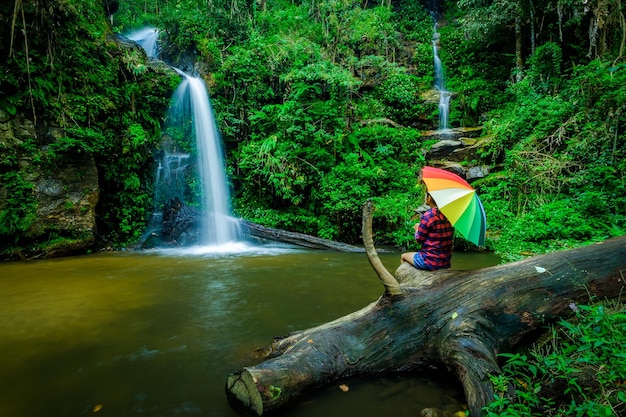 Foto vrouw kijkt naar een waterval in het bos