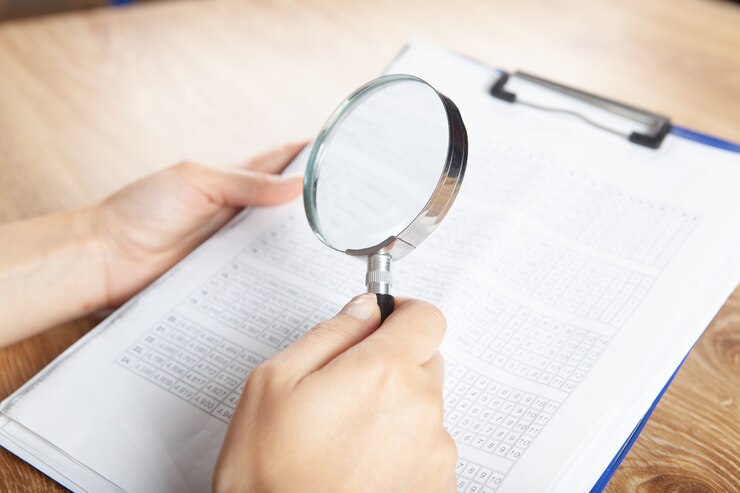 Foto vrouw kijkt naar papier met een vergrootglas