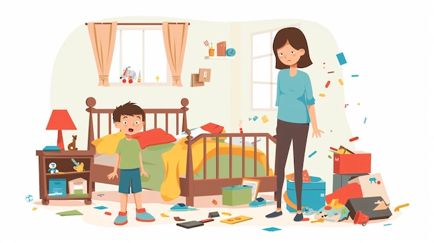 Vrouw kijkt naar rommelige kinderkamer en jongen platte vector
