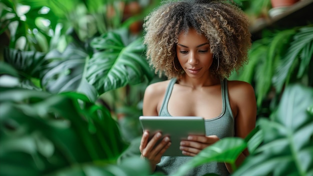 Vrouw kijkt naar tablet in de jungle