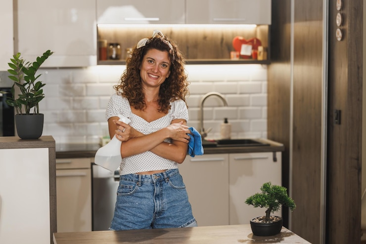 Foto vrouw klaar om het huis schoon te maken