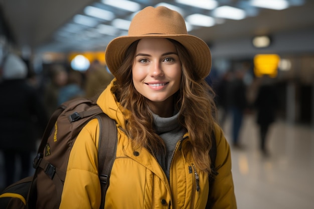 Vrouw klaar om te reizen op de luchthaven met een gelukkig gezicht