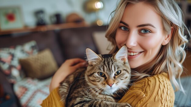 Foto vrouw knuffelt kat op bank in woonkamer