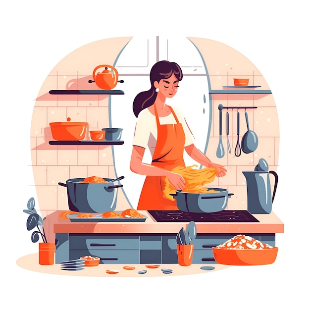 Vrouw koken in de keuken illustratie in platte cartoon stijl