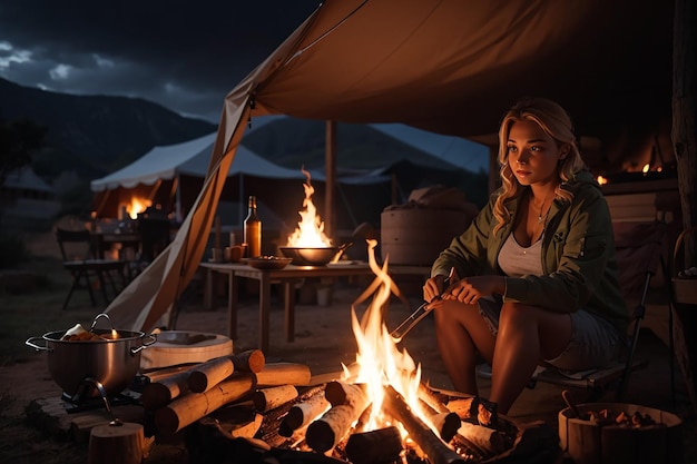 Vrouw koken met vuur hout en braai apparatuur door nacht tent en stoelen in de voorgrond avonturen in