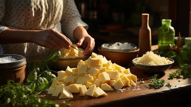 vrouw kokende pasta met kaas