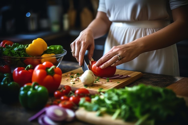 Foto vrouw kookt in huiskeuken close-up handen