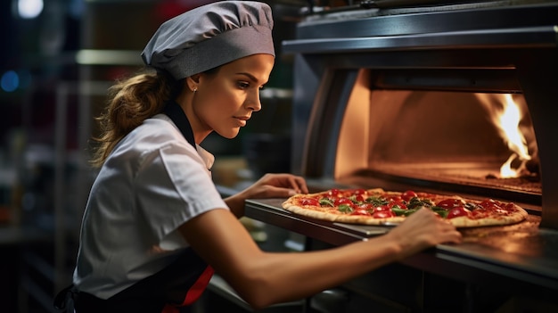 Vrouw kookt pizza in de oven