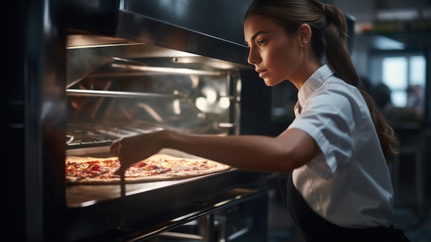 Vrouw kookt pizza in de oven.