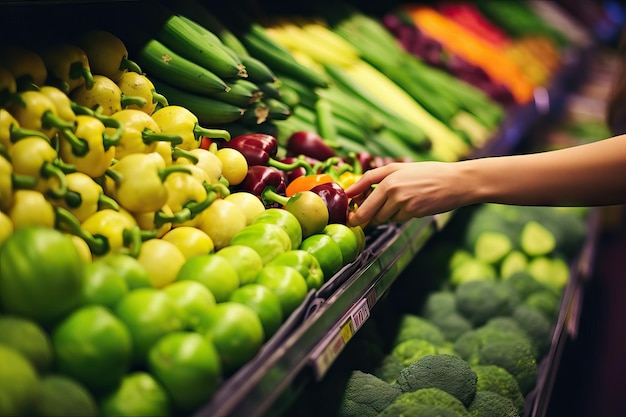 vrouw koopt groenten en fruit in de supermarkt Vrouw koopt groenten in de supermarkt supermarkt