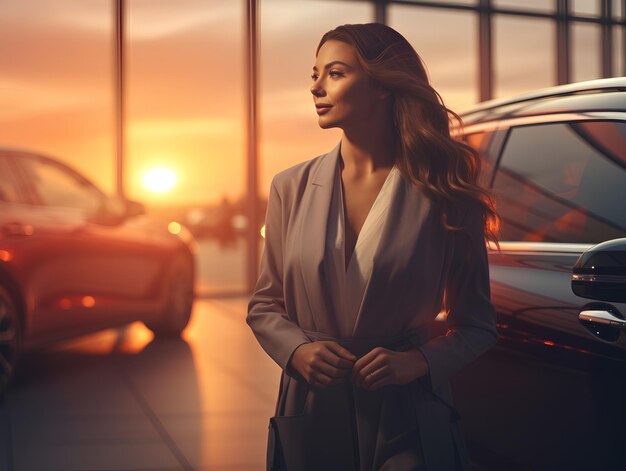 Vrouw koopt hun auto veilig Gelukkige zonsondergang