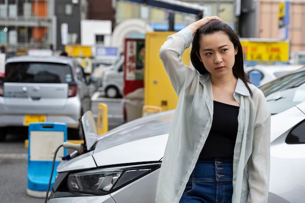 Foto vrouw laadt haar elektrische auto op bij het station