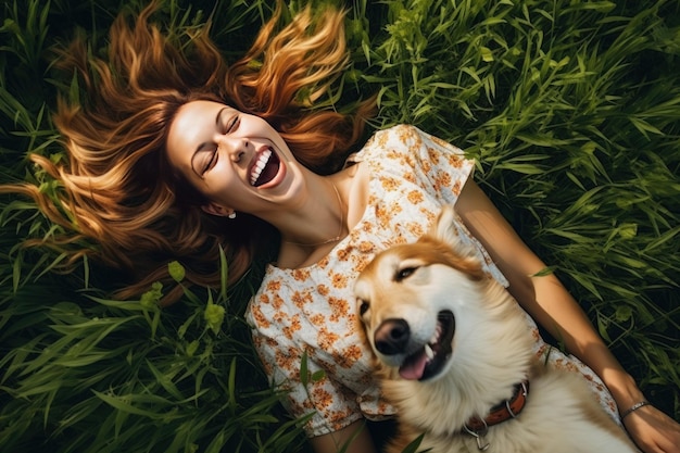 Vrouw lacht met hond op het gras Actieve jonge Generate Ai