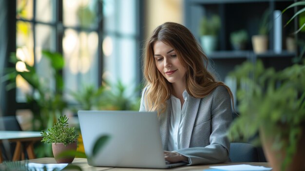 Vrouw laptop werkt op kantoor Mooie jonge vrouw in casual kleding met laptop groene blad wazig achtergrond