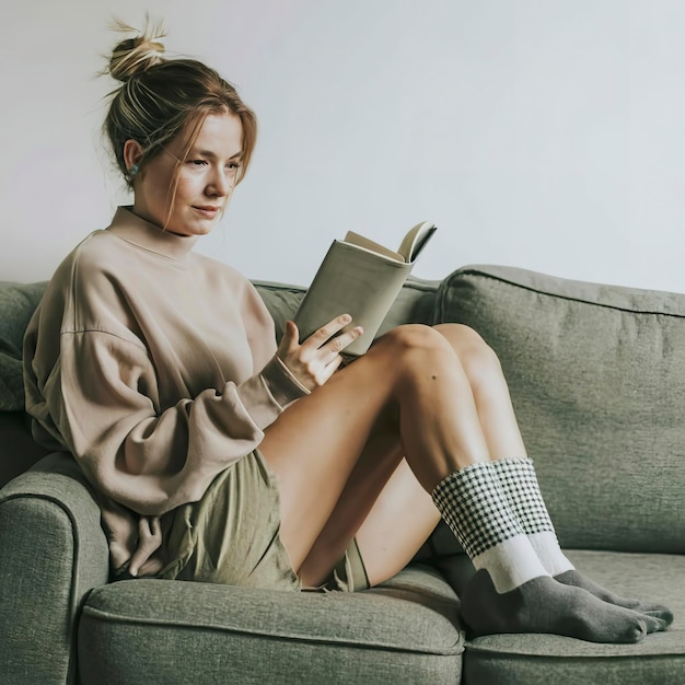 Vrouw leest boek, trekt warme sokken aan op een bank thuis, grijze naakte achtergrond.