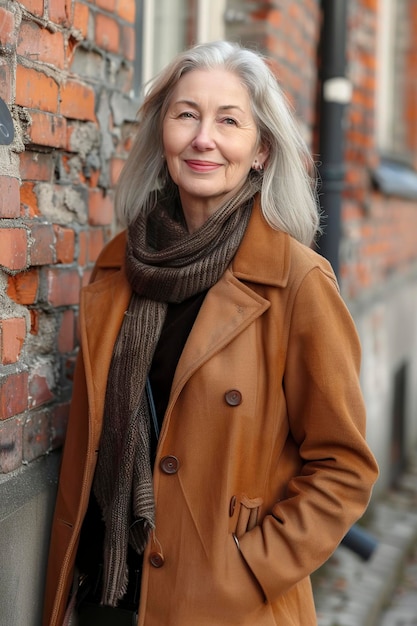 Vrouw leunt tegen een bakstenen muur.