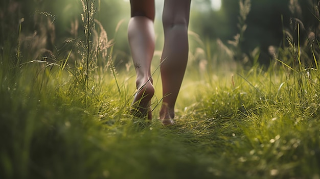 Vrouw loopt blootsvoets op het gras Generatieve AI