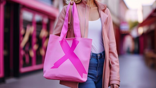 Foto vrouw loopt door de straat met een roze tas borstkanker