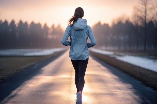 Vrouw loopt in de schemering Atleet vrouw op koude run joggen snel Generatieve AI illustratie