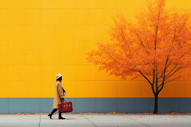 Vrouw loopt met een rode koffer op trottoir met gele muur en herfstboom Gemaakt met generatieve AI-technologie