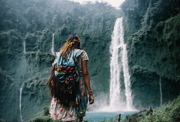 Vrouw loopt naar de Nung Nung-waterval op Bali, Indonesië