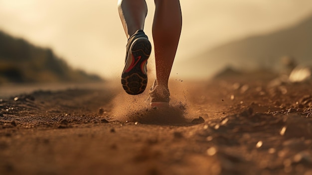 Vrouw loopt op asfalt weg detail aan haar trainer schoen van achter een aantal zand of modder vliegt in de lucht