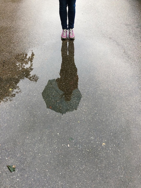 Vrouw loopt op de weg met paraplu en reflecties in de plas